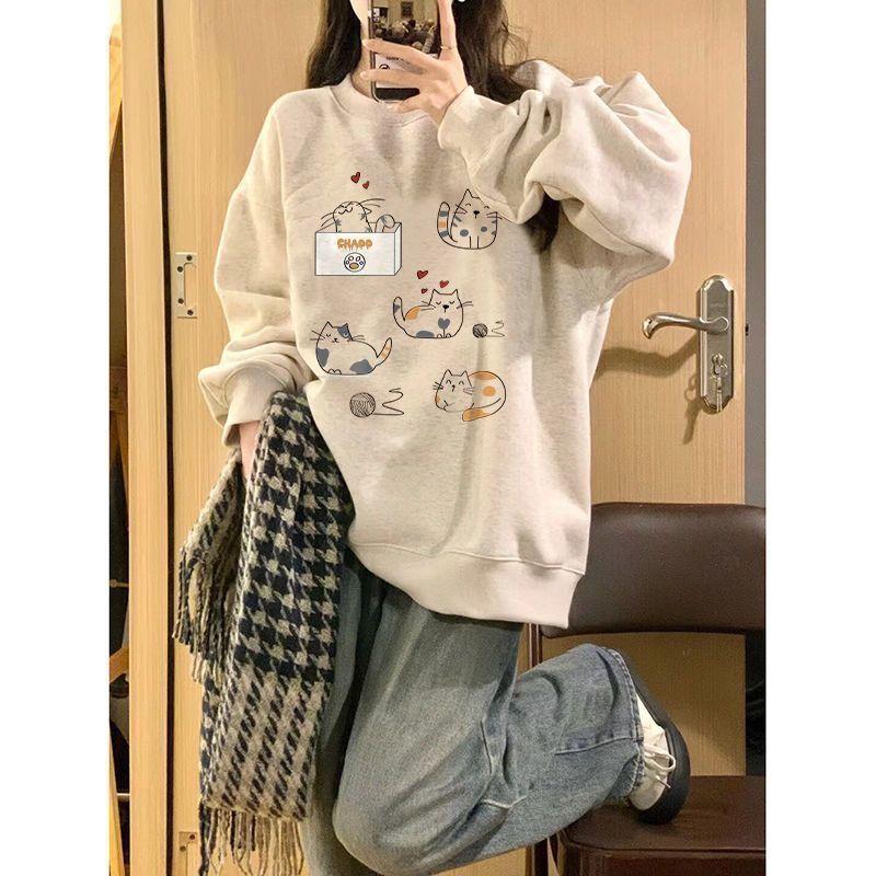 美式hiphop可爱猫咪圆领卫衣
