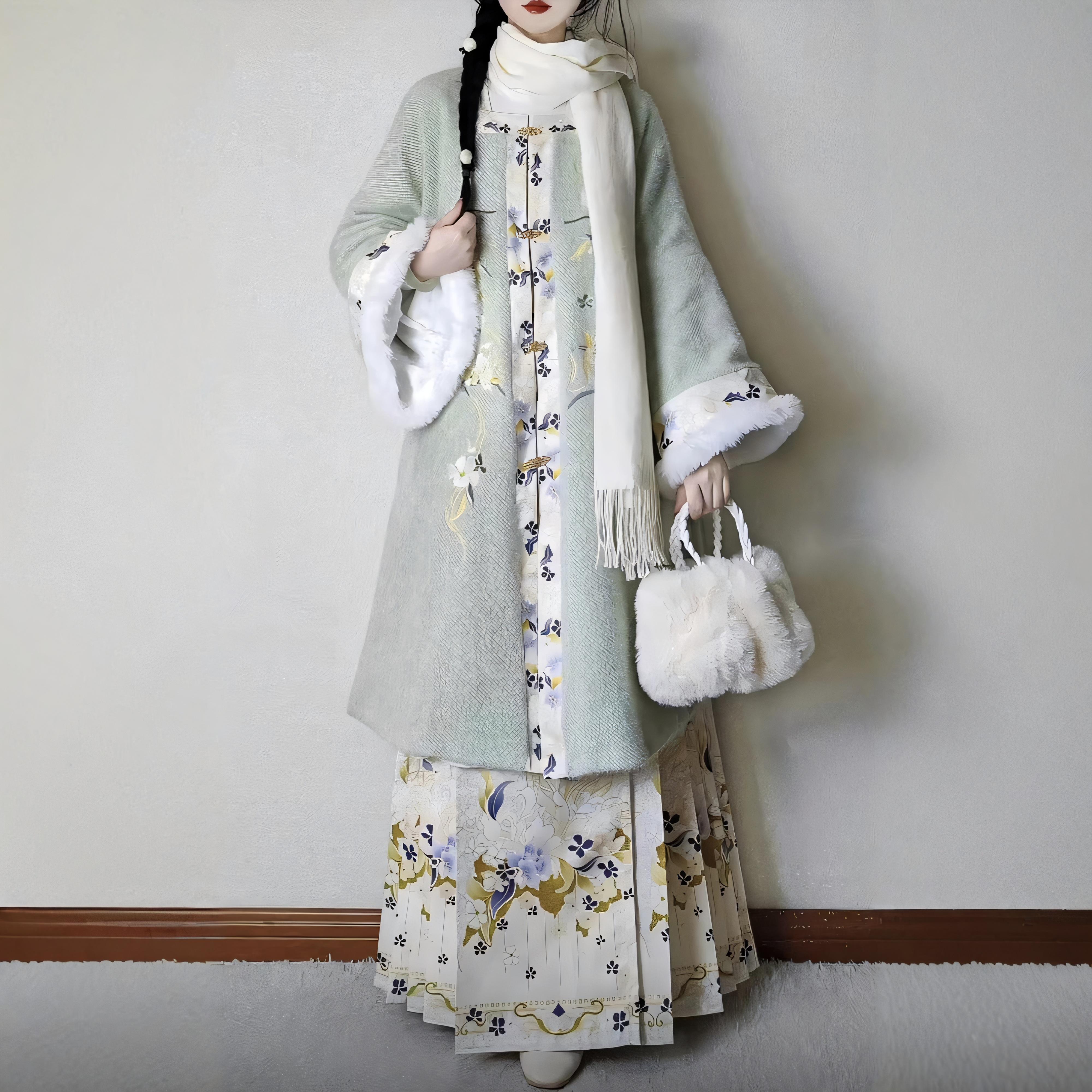 原创汉服女【绿知意】明制加绒加厚方领对襟长袄马面裙套装冬季款