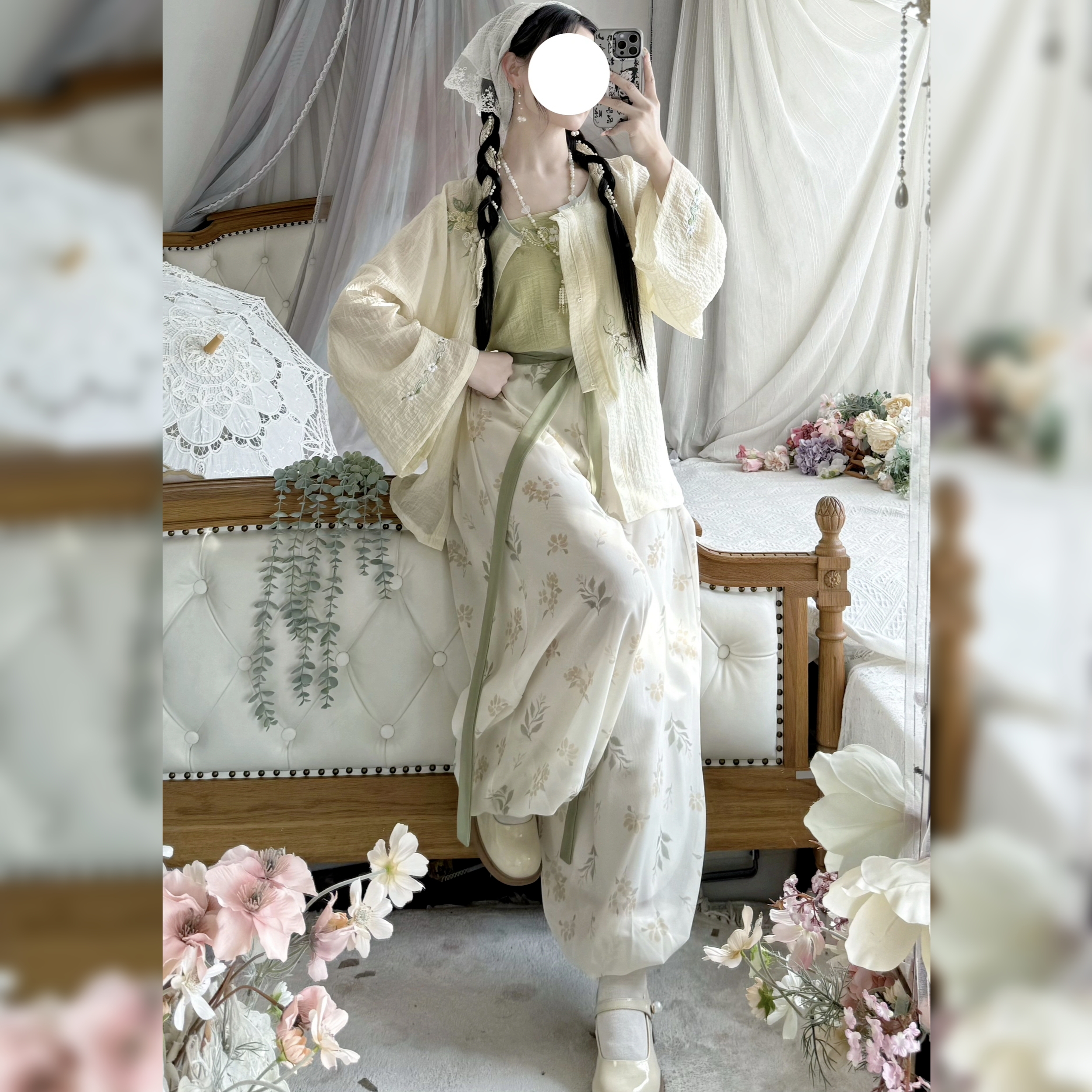 原创汉服女【玲珑】日常改良圆领短衫灯笼裤百褶裙轻薄套装夏季款