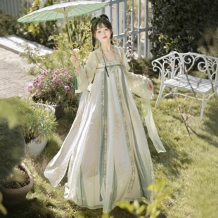 原创汉服女【青青】唐制对襟上衫一片式齐胸襦裙披帛绿色套装春款