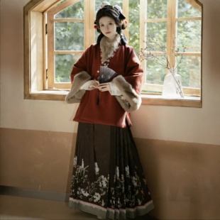 原创汉服女【暖冬】明制加绒直领对交穿毛呢披袄马面裙套装冬季款