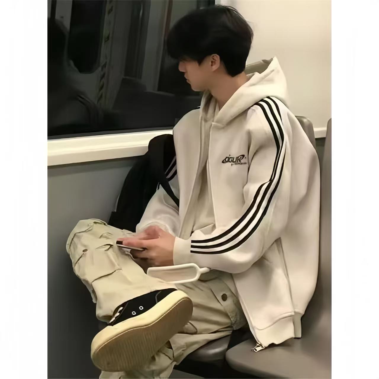 港式三条杠连帽卫衣男大童青少年春秋新款初中高中学生薄款外套潮