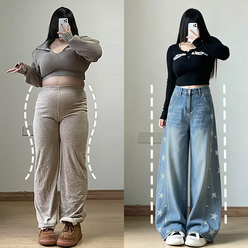 大码胖mm美式怀旧蓝宽松阔腿裤女