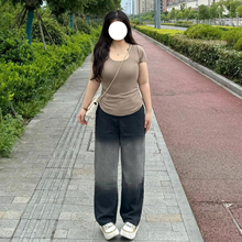 大码女装胖mm黑色渐变冰丝牛仔裤女夏季新款高腰显瘦阔腿直筒裤子