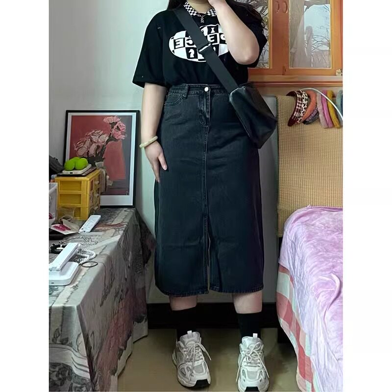 特大码300斤开叉高腰牛仔半身裙女胖mm松紧腰宽松显瘦遮胯中长裙