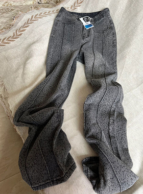 300斤大码女装设计感竖条拼接牛仔裤女2026新款显瘦灰色阔腿裤子