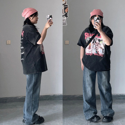 大码胖mm美式复古ins百搭直筒裤