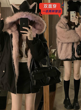 大码女装胖mm双面穿毛绒棉服外套女冬季黑色休闲百搭连帽夹克上衣