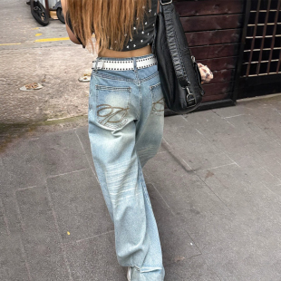 女胖mm蓝色休闲百搭阔腿裤 复古水洗做旧辣妹风牛仔裤 子 美式 特大码