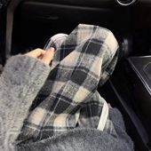 300斤胖mm大码 女高腰垂感宽松百搭毛呢裤 美式 慵懒格子阔腿休闲裤