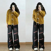 女胖mm高街复古爱心印花裤 300斤大码 辣妹风直筒牛仔裤 美式 子 女装