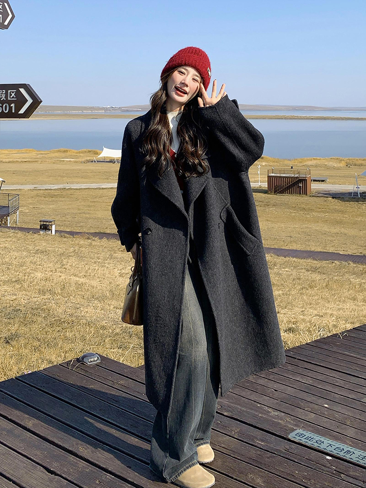 150kg Plus Size Women's Classy Gray Woolen Outwear for Fat mm Korean Style Classy Casual Woolen Outwear Trend