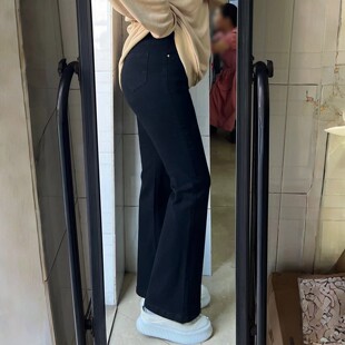 女裤 特大码 女高腰弹力遮肉显瘦喇叭裤 胖mm学生黑色微喇牛仔裤 女装