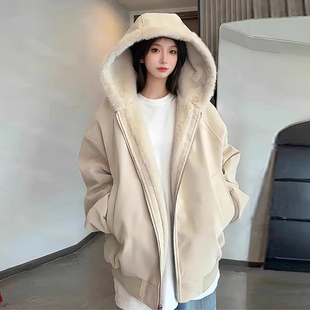 慵懒风保暖显瘦厚外套 高级感宽松毛绒连帽棉服女胖mm美式 大码 女装