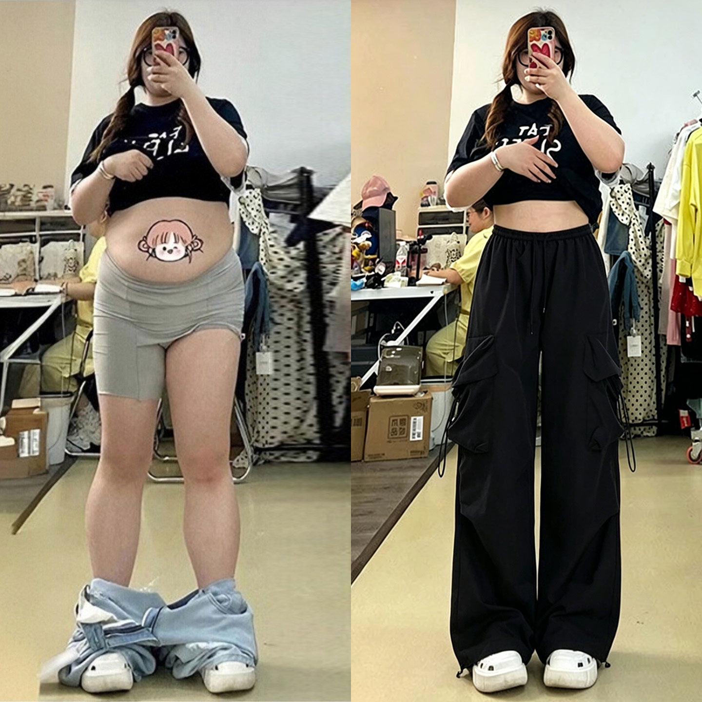 胖mm大码女装黑色美式高街多口袋阔腿卫裤女慵懒风百搭独特长裤子