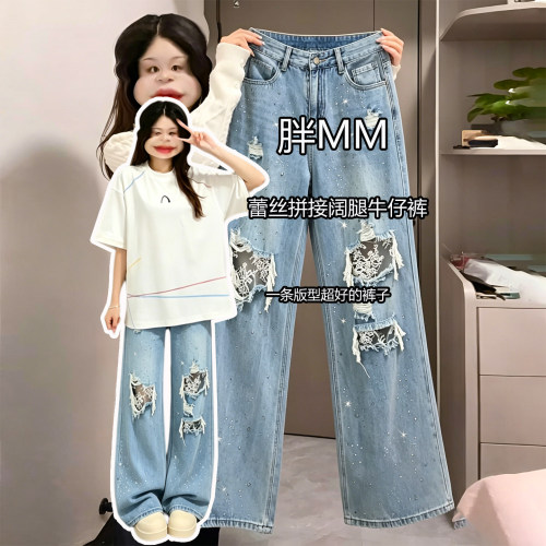 胖mm大码女装巨好看破洞牛仔裤女