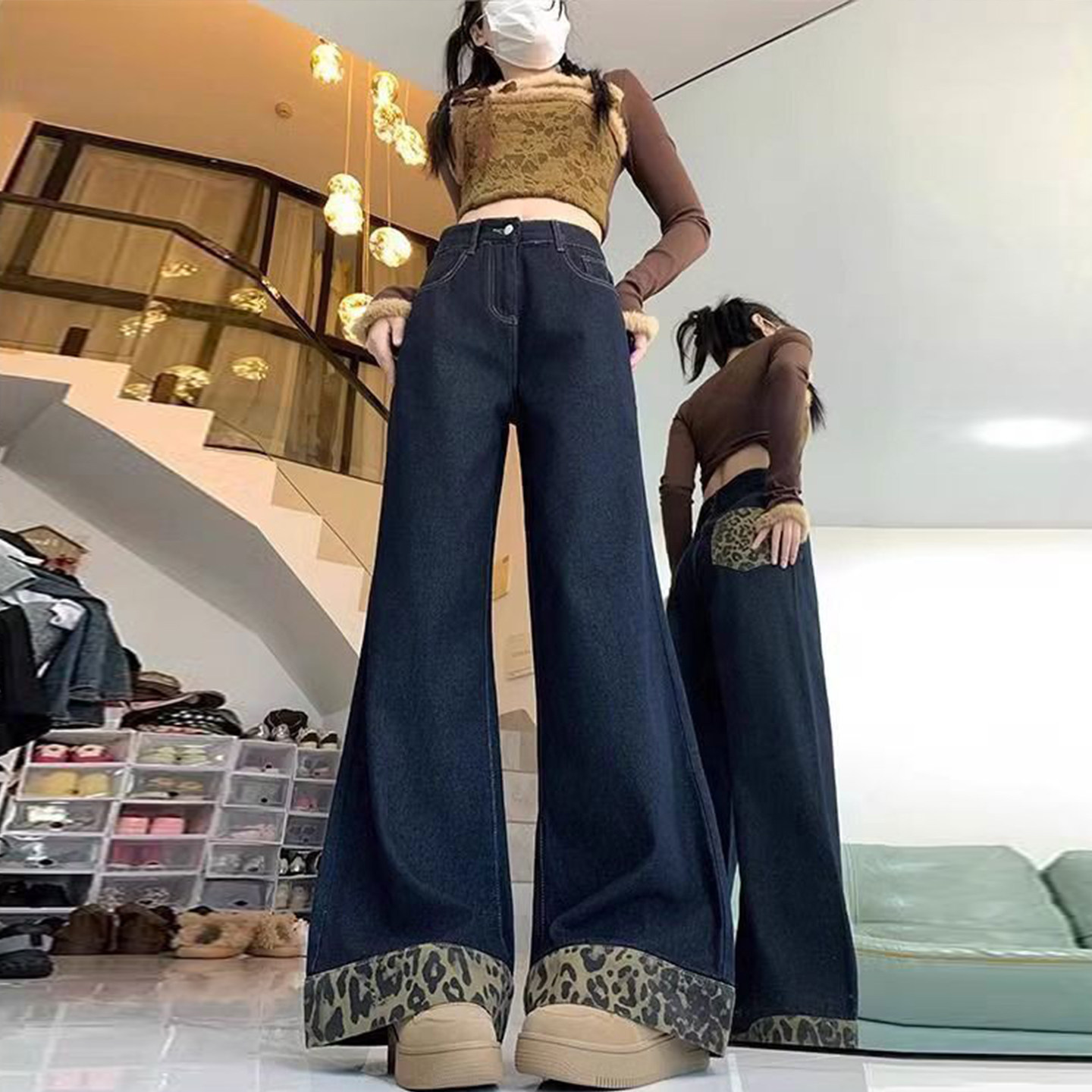 300斤大码女装豹纹拼接设计感黑色牛仔裤女胖mm宽松垂感阔腿裤子,女装/女士精品,大码裤装,淘宝优惠券,粉丝福利购,淘宝优惠卷