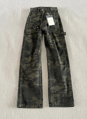 胖mm大码女装军绿色高腰直筒牛仔裤女高街vibe甜酷风迷彩工装裤子