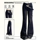 ins蝴蝶刺绣微喇裤 300斤特大码 子 甜酷风牛仔裤 女胖mm个性 女装 美式