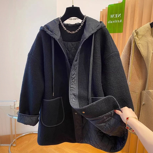 百搭宽松连帽保暖棉服 黑色羊羔毛厚外套女胖mm时尚 300斤大码 女装