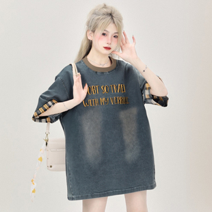 胖mm格子拼接设计感字母刺绣牛仔短袖 宽松显瘦休闲上衣 t恤女大码