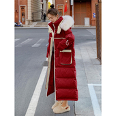 300斤特大码 外套 过膝加厚大衣冬装 女装 红色大毛领棉服女胖mm长款