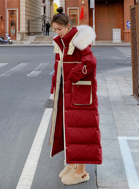 300斤特大码女装红色大毛领棉服女胖mm长款过膝加厚大衣冬装外套