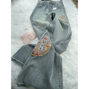 显瘦阔腿裤 胖mm设计感中国风刺绣直筒牛仔裤 百搭女裤 女装 子 女大码