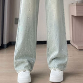 胖mm特大码 子 女高腰直筒休闲慵懒风阔腿裤 女装 蓝色高街满钻牛仔裤