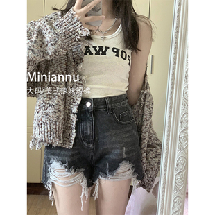 辣妹风裤 女装 新款 子显瘦a字热裤 vibe牛仔短裤 胖mm美式 女300斤大码