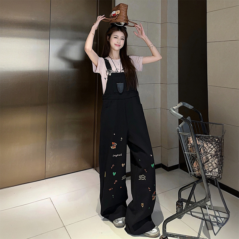 大码女装胖mm黑色高腰显瘦工装背带裤女美式甜酷辣妹牛仔连体长裤
