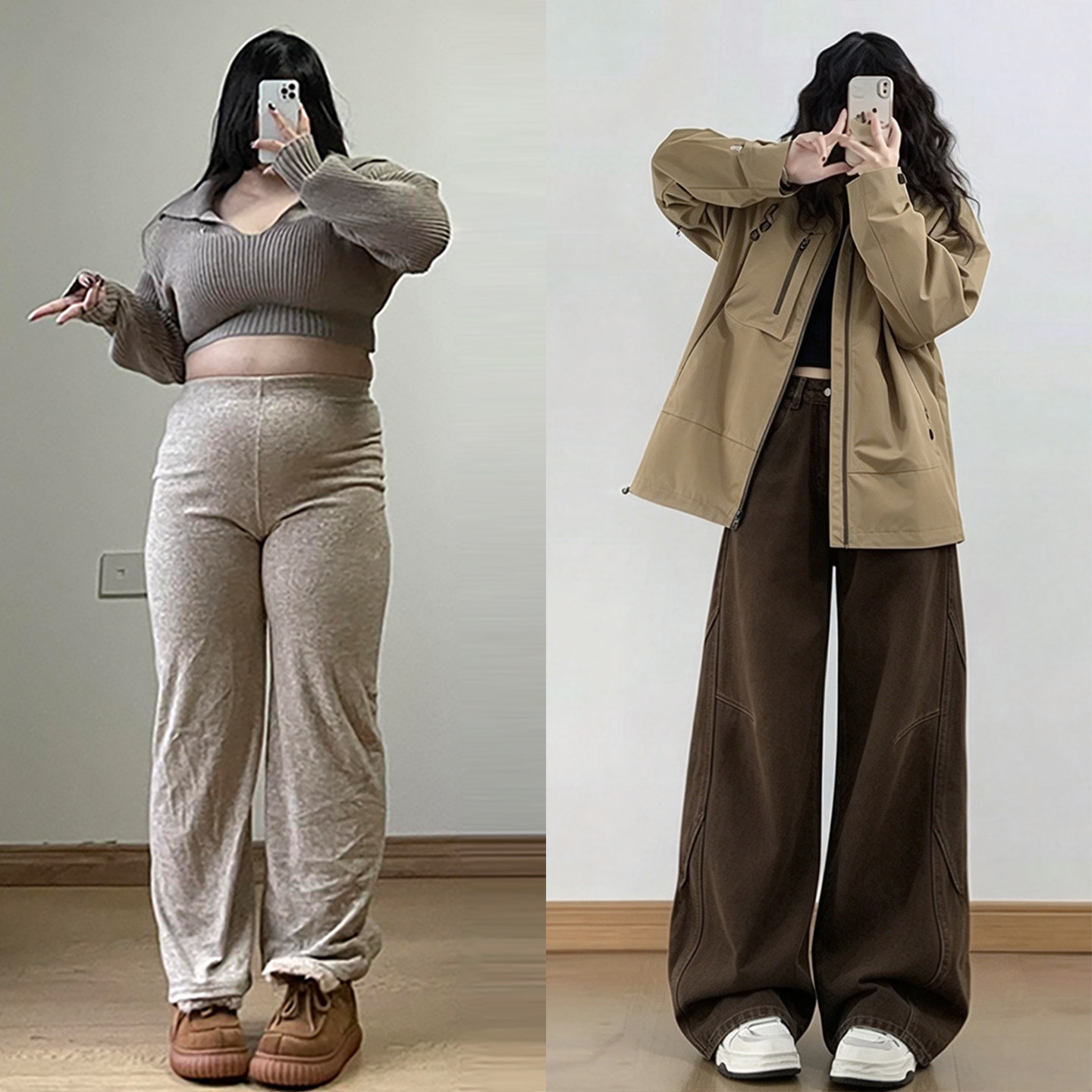 特大码女装咖色美式休闲阔腿牛仔裤女秋季胖mm慵懒风时尚高街裤子
