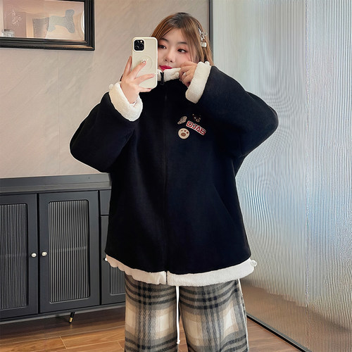 胖mm特大码卡通刺绣拼色立领棉服