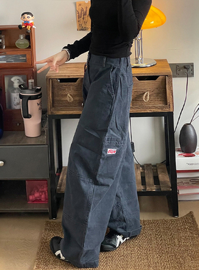 300斤胖mm大码蓝色高腰显瘦弯刀牛仔裤女美式设计感学院风工装裤