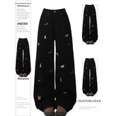 女装 黑色趣味小狗刺绣直筒牛仔裤 女胖mm美式 大码 复古加绒阔腿裤 子