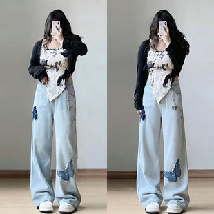 子 女早春遮肉显瘦蝴蝶贴布设计直筒裤 300斤胖mm特大码 蓝色牛仔裤