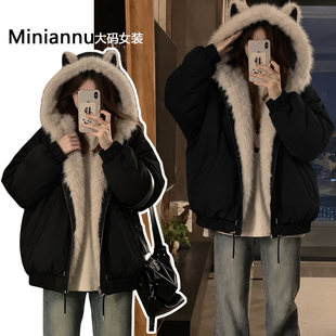 胖mm特大码女装美式黑色毛领连帽棉服女秋冬座山雕双面穿棉衣外套
