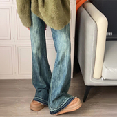 女装 胖mm蓝色高腰弹力微喇牛仔裤 女韩版 300斤大码 ins显瘦喇叭裤 子