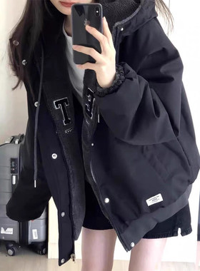 大码女装美式设计感双面穿棉服女