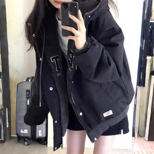 大码女装美式设计感双面穿棉服女