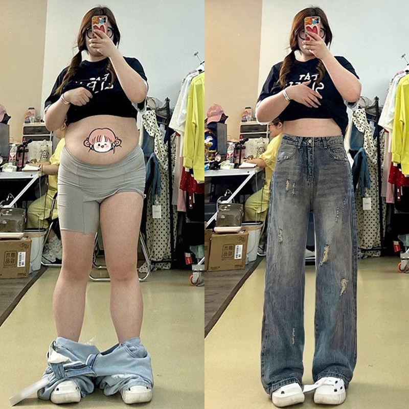 特大码女装高腰显瘦遮胯牛仔裤女