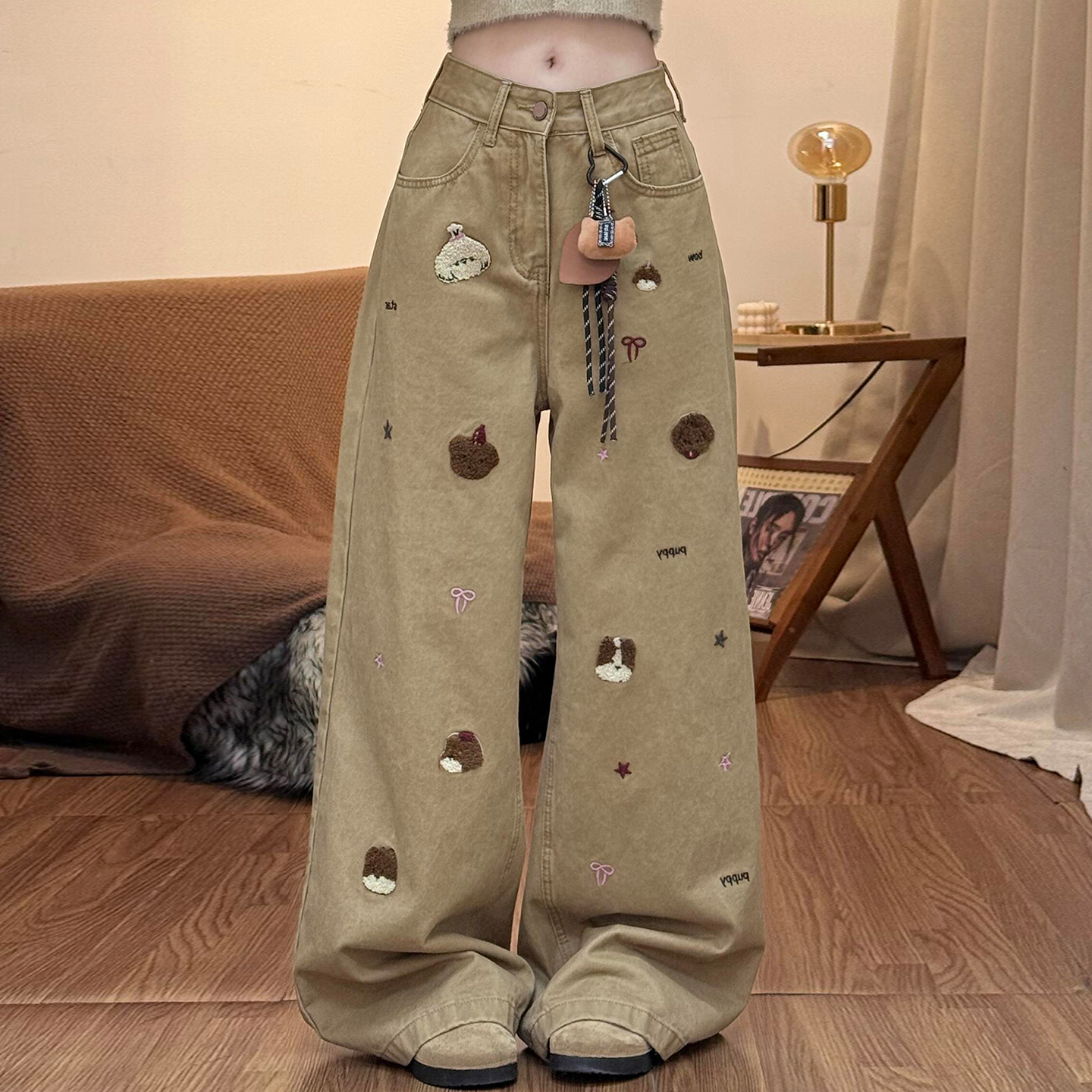 大码女装美拉德高腰显瘦直筒裤女