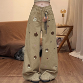 女装 子显瘦阔腿长裤 美式 ins刺绣牛仔裤 300斤大码 胖mm裤 个性 女新款