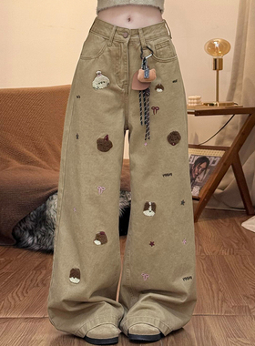 300斤大码女装美式个性ins刺绣牛仔裤女新款胖mm裤子显瘦阔腿长裤