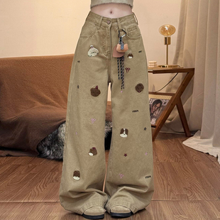 个性 ins刺绣牛仔裤 女新款 300斤大码 子显瘦阔腿长裤 美式 胖mm裤 女装