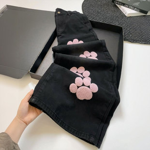 女装 ins小众刺绣阔腿长裤 黑色直筒牛仔裤 子美式 女秋冬胖mm裤 大码
