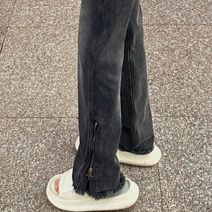 特大码300斤街头开叉拉链优质牛仔裤女宽松高腰胖mm直筒拖地长裤