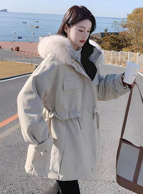 胖mm大码女装米白色收腰显瘦派克棉服女冬季加厚保暖连帽棉衣外套