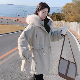 加厚保暖连帽棉衣外套 米白色收腰显瘦派克棉服女冬季 胖mm大码 女装