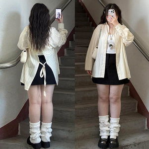 大码女装后开叉绑带设计感长袖防晒衬衫女胖mm夏季甜美温柔风上衣